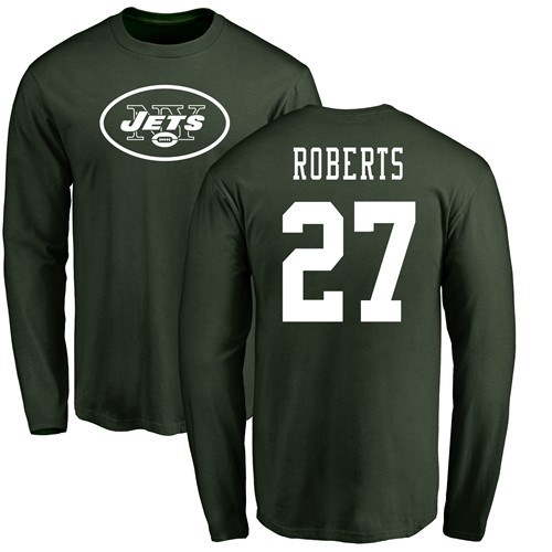 New York Jets Men Green Darryl Roberts Name and Number Logo NFL Football #27 Long Sleeve T Shirt->nfl t-shirts->Sports Accessory